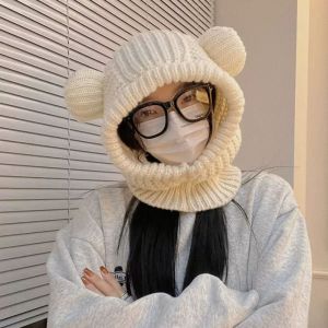 GENENIC Solid Color Bear Ear Balaclava Hat Korean Style Windproof Winter Pullover Helmet Cap Fashion Outdoor Knit Hooded Beanie Hat Women