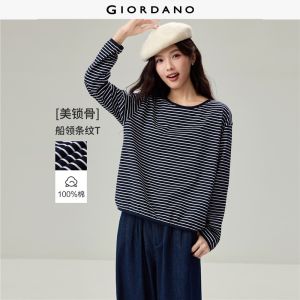 Giordano Beau Monde Women Striped drop shoulder long sleeve cotton tee Free Shipping 13326621