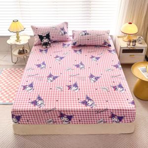 Bedsheet Sanrio Series Fitted Bed Sheet Cinnamoroll Kuromi Fittedsheet with Rubber Single/Queen/King Bedsheet Bed Cover