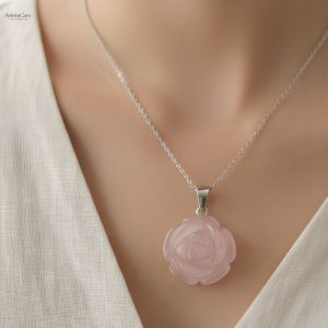 [SG Instock] S925 Sterling Silver Rose Quartz Pendant Necklace | Natural Crystal Flower Rose Necklace | Healing Stone Jewelry | Gift for Her Mother Valentine Anniversary | ArietesCare Elegant Rose Quartz Gemstone Pendant Necklace in Silver Tone