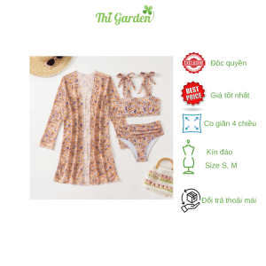 Bộ Đồ Bơi Nữ Hai Mảnh Họa Tiết Hoa & Áo Khoác Ngoài Co Giãn Đa Năng - Size S/M