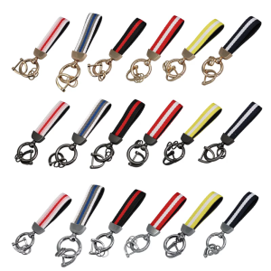 Functional Two Layer Keychain Striped Leather and Nylon Construction Universal Fit for Vehicle Key Organization