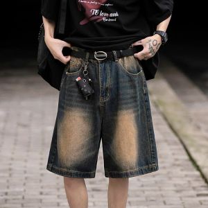 Màu xanh Retro Quần short denim cho nam giới mùa hè rửa quần đau khổ Mỹ đường phố cao Heavyweight