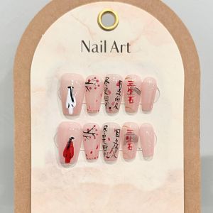 【HANDMADE】Artificial Nail Chinese style Hand-painted Red Dress Womens Hanfu Phototpy Nails Fake Nails Reusable and Removable Nails
