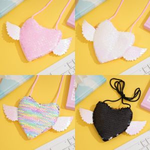 FXUP Hình trái tim. Túi xách hình trái tim đính sequin Chi tiết cánh sa Túi đeo vai cho trẻ em. Dễ thương Dây đeo có thể điều chỉnh. Túi cánh thiên thần Dành cho các bé gái.