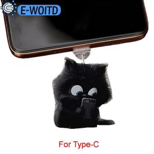 E-WOITD 1ชิ้น2D อะคริลิคจี้แบนน่ารักสีดำโทรศัพท์แมวปลั๊กกันฝุ่นพวงกุญแจสำหรับโทรศัพท์ Type-C อินเตอร์เฟซของตกแต่งปลั๊กฝุ่น