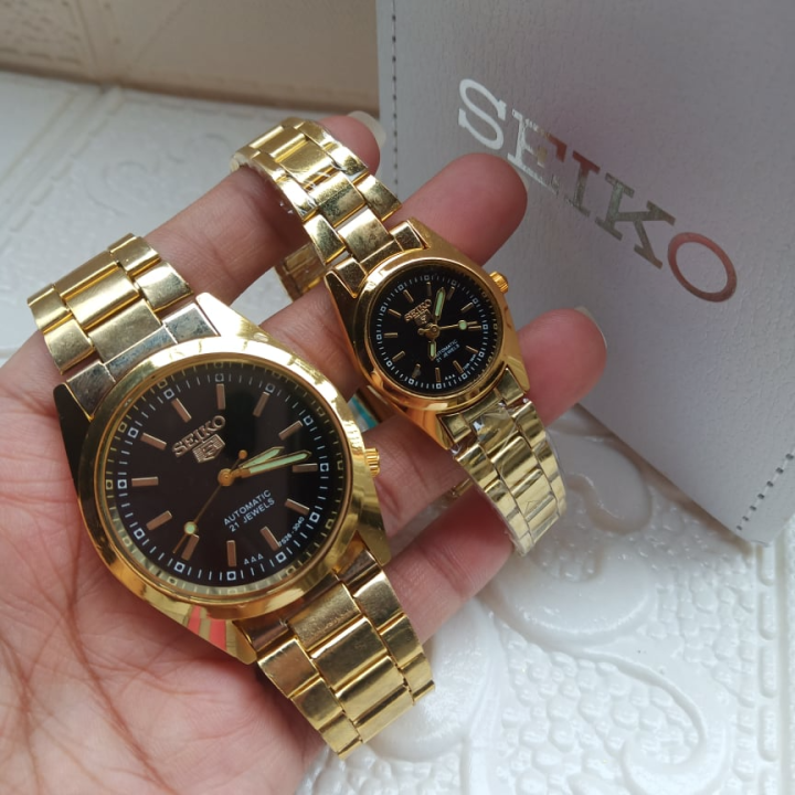 Seiko 21 Jewels Gold Black Dial Stainless Steel Watch Couple