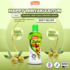 Happy Minyak Zaitun 100ml | Melembapkan Menutrisi Membantu Kulit Lebih Halus Lembut & Sehat | Kulit Kering Kasar & Pecah-Pecah | Bisa Digunakan Sebagai Minyak Pijat | Sudah Halal & BPOM