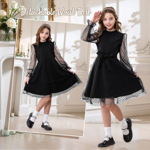 Rolanko Girls Contrast Mesh Dress with Belt Puff Long Sleeve A-Line Tulle Formal Party Dress 7-15Years