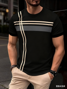 [Local Stock] VCC Simple Stripe Print Mens T shirts Business Casual O-neck Short Sleeve Tops Fashion Loose Breathable Tees Summer Street Pullover