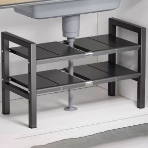 CANICE ขยายได้ถึง88ซม. ชั้นวางใต้อ่างล้างจาน ชั้น2ชั้น พร้อมแผงที่ถอดออกได้ ที่จัดระเบียบใต้อ่างล้างจาน ทนทานสำหรับงานหนัก เหล็กคาร์บอนสตีล ชั้นเก็บของชั้น สำหรับห้องครัวห้องน้ำ
