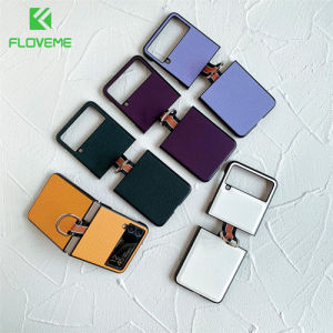 FLOVEME For Samsung Z Flip5 Galaxy Z Flip 4 Flip3 5G with Metal Ring GenuineLeather Cover Material Luxury Shell for Men and Women Galaxy Zflip5 z Flip 4 Flip3 5G Cases