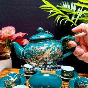 Bộ ấm trà Bát Tràng - có bán lẻ ấm chén đĩa - Bộ ấm Phú Quý Vinh Hoa xanh Malat bộ ấm trà xanh cổ vịt Bát tràng Xanh