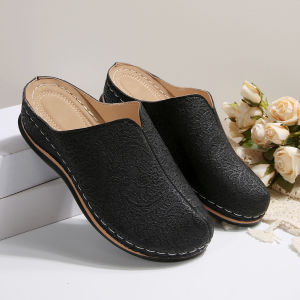 [Free Shipping] Autumn New Collection: Thick-Soled Slip-On Closed-Toe Slippers For Women Available In Plus Sizes With Embroidered Details And A Lazy-Style Wedge Heel