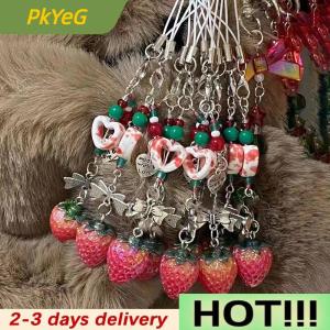 PkYeG Unique Sweet Strawberry Phone Charms Pendant Cute Bow Heart Beaded Keychain Camera Schoolbag Decoration Accessories Gifts