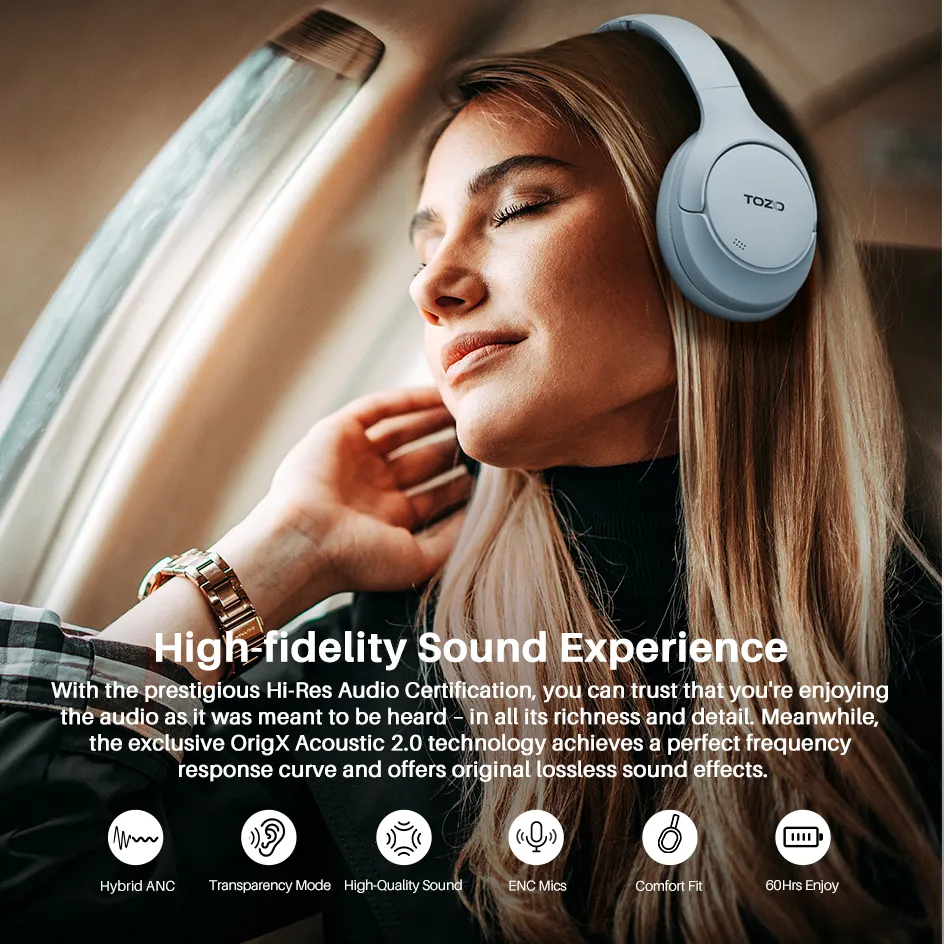 HT2 Hybrid Active Noise Cancelling Wireless Headphones-TOZO