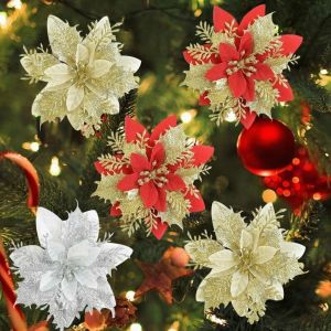 【HIbeautylife】5pcs Glitter Artificial Flowers Christmas Decorations for Home Xmas Tree Ornaments Chinese New Year Decor Fake Flowers