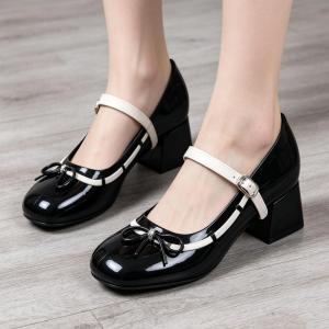 Adjustable Strap Bow Decor New Glossy Rubber Mary Jane Shoes Sapatos pormal na babae Mid Heel Trendy Footwear