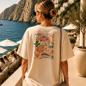 [Local Stock] HBESTY  Colorful Fish Coral Seashells Tropical Pattern Crew Neck Relaxed Fit Beige Cotton T-Shirt for Women Summer Beach Vacation Tops
