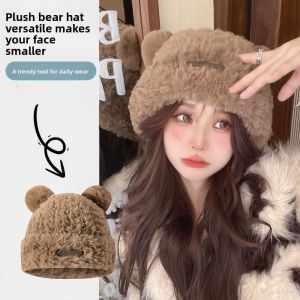 MEMGOUO น่ารัก หมวกป้องกันหูที่อบอุ่น อบอุ่น ทนความเย็น หมวกถักหูหมี ใหม่ ปอมปอมฟูฟ่อง หมวกบีนนี่ สำหรับทุกเพศ