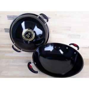 Wajan Hitam Enamel Anti Gores Lengket Kuali Penggorengan Bulat Besar Jumbo Cekung Kuping Panci Alat Masak Serbaguna GSF