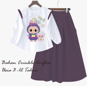 ONE SET ROK LABUBU BUNGA ANAK PEREMPUAN USIA 3 - 12 TAHUN BAHAN CRINCLE AIR FLOW PRODUK TERBARU / VIRAL