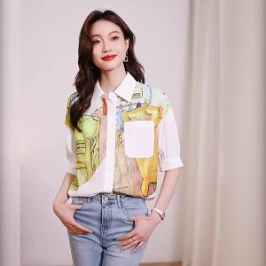 Ammi แฟชั่นผู้หญิงสไตล์เกาหลีแขนยาวแฟชั่นสีตัดปะดีไซน์วินเทจพิมพ์ลายเสื้อ2024ฤดูร้อนทรงหลวมอเนกประสงค์พิมพ์สีตัดกันเสื้อผ้าชีฟอง