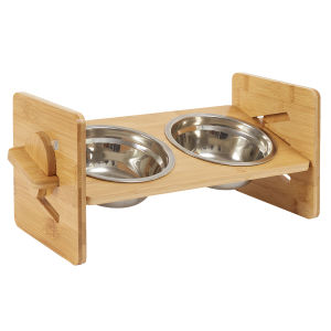 BingoPaw ชามอาหารแมว Raised Bamboo Pet Bowls with Stainless Steel Replacement Bowls - ปรับความสูงได้ สำหรับสัตว์เลี้ยง