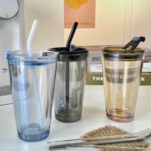 Cốc thủy tinh văn phòng ly uống cafe chống tràn chịu nhiệt kèm ống hút