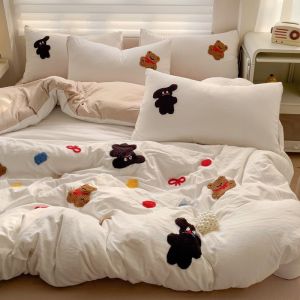 A Class ins Cute Towel Embroidered Four-Piece Set Cartoon Thickened Washed Cotton Duvet Cover Bed Sheet Machine Washable Quilt Cover Three-Piece Set LZD