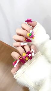 100% HANDMADE Long T coffin shape Cartoon Hand Painted Strawberry jam berry color Frosted three-dimensional pattern Fake Nails Art Reusable and Removable