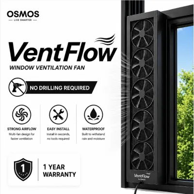 VentFlow Window Ventilation Fan No Drilling Exhaust Fan Adjustable Slim Waterproof Washable Strong Airflow