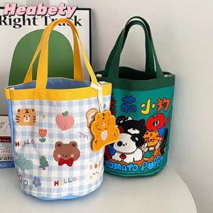 Heabety Portable Cute Animal Pattern Graffiti Bucket Bag Ins Printed Cylindrical Bag Canvas Bento Bag Handheld Lunch Box Bag