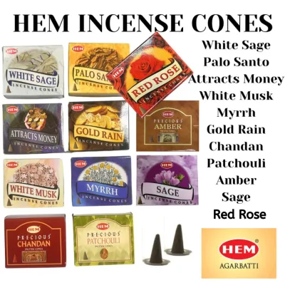 HEM Incense Cone Palo Santo White Sage White Musk Attract Money Myrrh Gold Rain Chandan Patchouli Amber Sage Red Rose