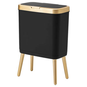 Bedroom Trash Can with LidSlim Bathroom Cans Lids Dog Proof Press Top LidModern Gold Plastic Waste Basket for OfficeKitchen