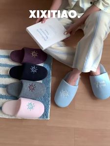 XIXITIAO Indoor Cotton Slippers Autumn Winter Embroidered Silent Cotton Slippers for Men and Women Home Use Soft Sole Comfortable Floor Shoes Couples ins Tide