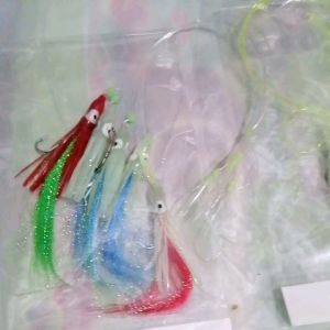 3pcs Bait holder with soft squids soft squids skirt baits /hook for Fishing Rod accessories. Sea Saltwater Fishing. Random colors. Soft Squid Skirts Baits : 5 cm Line : Zebco Monofilament #15lbs Line :Lenght 19cm HOOK #20
