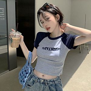 Girls High waist Tee Short sleeves T-shirt Women Plain Color slim fit shirts girl T-shirts Lady shirts Crop top L024