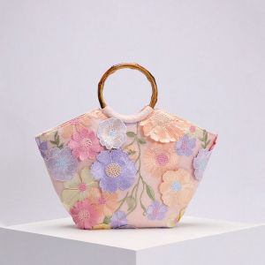 Hand-beaded three-dimensional floral bamboo-handle tote bag Elegant Embroidered Sequin Womens Bag for Beach Vacation #7452