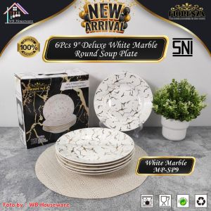 FIORENZA Piring set 6pcs 9inch deluxe white marble round rooster bowl MP-SP9 / wadah saji piring motif marmer