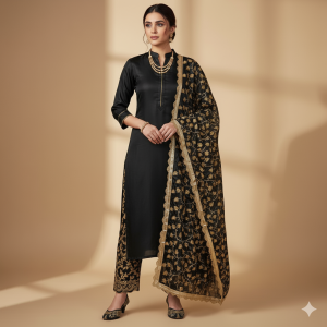 Black & Gold Silk Embroidered Dress Material (3-Piece Set) – Zari Detailing
