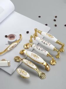 Golden Printed Ceramic Cabinet Handle Light Luxury Drawer Pull Knob Nordic Style for Wardrobe Shoe Cabinet Door