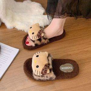Cartoon Slippers for Women 3cm Heel Anti Slip Leopard Print Fur Cute KT Cat Cotton Casual Slippers