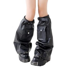 Black Leg Sleeves with Flap Pocket for Women Harajuku Punk Rock Faux Leather Leg Warmers Flared Footless Long Socks