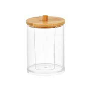 METALIX Multifunctional Clear Bathroom Storage Box with Bamboo Lid Cotton Swabs Rod Bottle Makeup Cotton Pad Organizer