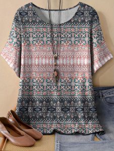 [Local Stock] ZEEMIN Womens Short Sleeves T-Shirt Elegant 3D Bohemian Print Short Sleeve Tees Woman T-Shirt Tops Oversized Summer Womens Clothing