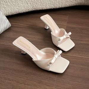 [Free Shipping] 2025 New Square-Toed Sandals Versatile Elegant High-Heeled Slippers for Women with Thin Heels and Bow for Summer Outdoor Wear