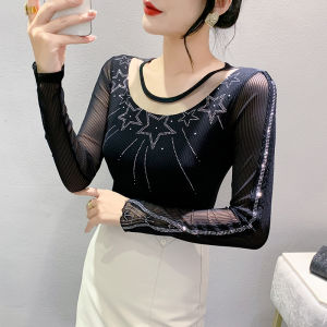 Yimei Quảng Châu Vẻ Đẹp T-Shirt Tính Khí kim cương nổi bật Lưới Dưới 2023 dáng ôm mới Và Mỏng đầu lò xo Màu Đen