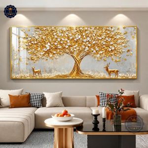 Tranh Hươu Vàng Bên Cây Kim Tiền Tranh Canvas Tranh Tráng Gương Tranh Treo Tường Phòng Khách