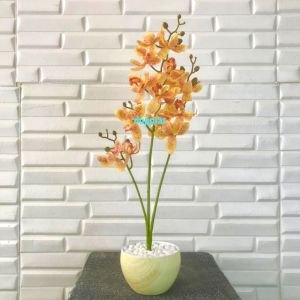 Tanaman Plastik Artificial Bunga Anggrek X3 Kuning Pot Melamine Motif Serat Kayu Tanaman Hias Dekorasi Ruangan Aesthetic